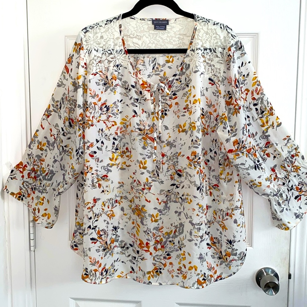 Van Heusen Lightweight Long Sleeve Lace Floral Cream White Blouse Shirt Top